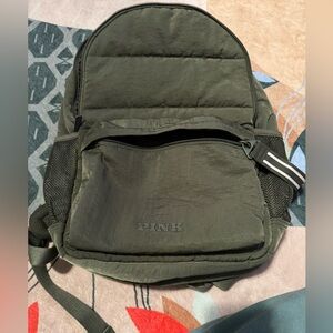 PINK Victoria Secret Quilted Puffer Backpack Olive with small backpack keychain